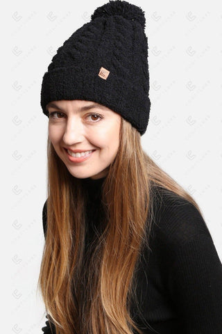 COMFYLUXE Plush Luxury Cable Knit Beanie W/ Pom-Pom Ribbed Trim