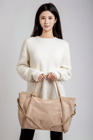 Solid Color Faux Suede Tote Bag W/ Zipper Closure