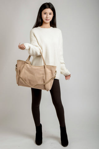 Solid Color Faux Suede Tote Bag W/ Zipper Closure
