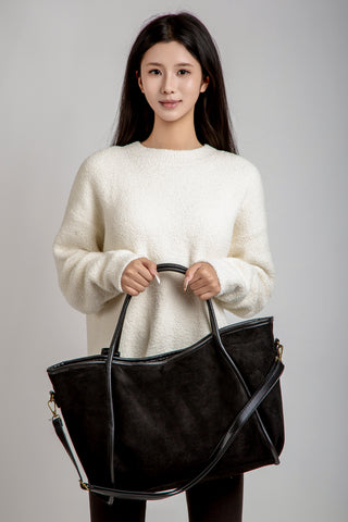 Solid Color Faux Suede Tote Bag W/ Zipper Closure