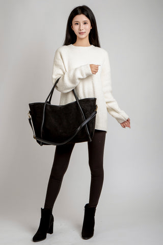 Solid Color Faux Suede Tote Bag W/ Zipper Closure