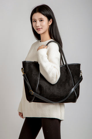 Solid Color Faux Suede Tote Bag W/ Zipper Closure