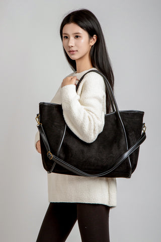 Solid Color Faux Suede Tote Bag W/ Zipper Closure