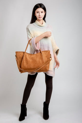 Solid Color Faux Suede Tote Bag W/ Zipper Closure