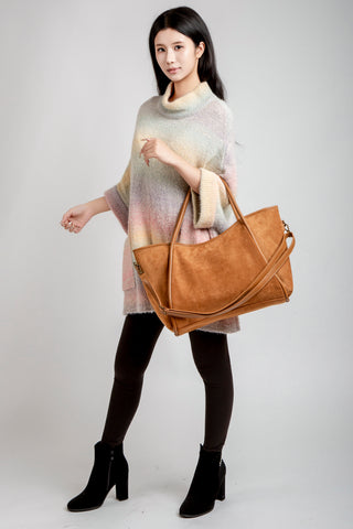 Solid Color Faux Suede Tote Bag W/ Zipper Closure