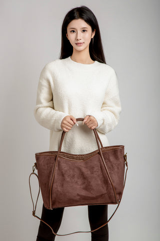 Solid Color Faux Suede Tote Bag W/ Zipper Closure