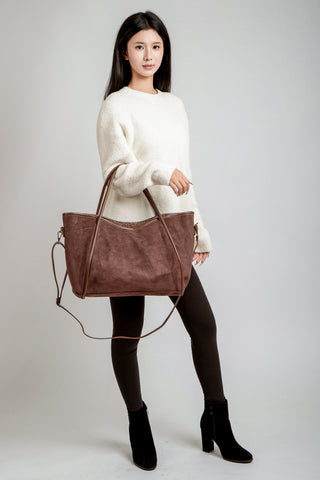 Solid Color Faux Suede Tote Bag W/ Zipper Closure