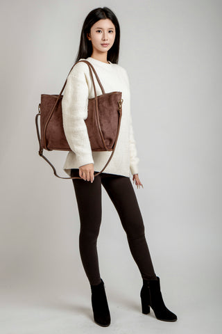 Solid Color Faux Suede Tote Bag W/ Zipper Closure