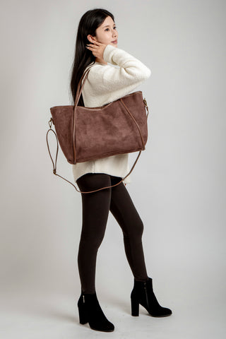 Solid Color Faux Suede Tote Bag W/ Zipper Closure