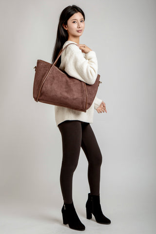Solid Color Faux Suede Tote Bag W/ Zipper Closure