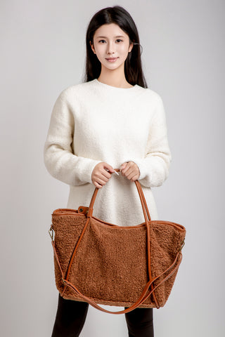 Solid Color Sherpa Tote Bag W/ Zipper Closure