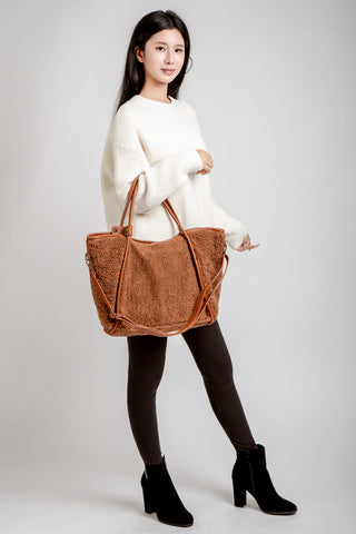 Solid Color Sherpa Tote Bag W/ Zipper Closure