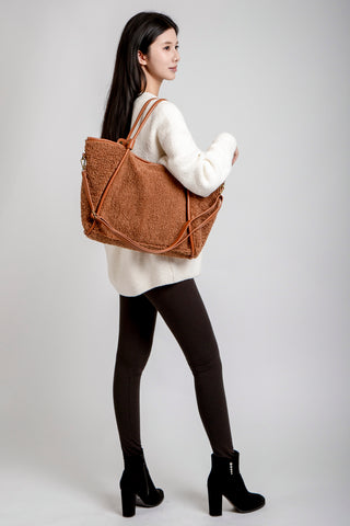 Solid Color Sherpa Tote Bag W/ Zipper Closure