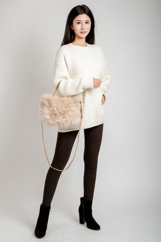 Solid Color Faux Fur Handbag W/ Magnetic Snap Closure