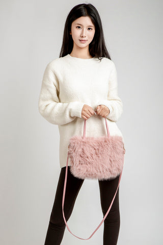 Solid Color Faux Fur Handbag W/ Magnetic Snap Closure