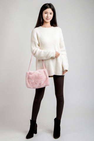 Solid Color Faux Fur Handbag W/ Magnetic Snap Closure