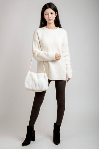 Solid Color Faux Fur Handbag W/ Magnetic Snap Closure