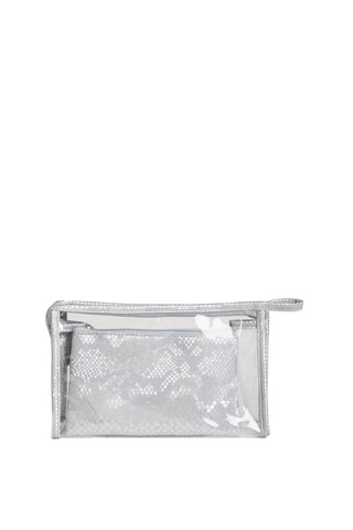 Transparent & Snake-Skin Pattern Travel Pouch Set w/ Zipper Closure