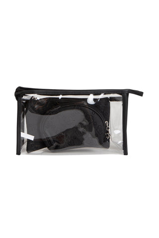 Transparent & Floral Pattern Travel Pouch Set w/ Zipper Closure