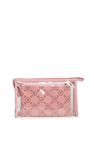 Transparent & Floral Pattern Travel Pouch Set w/ Zipper Closure