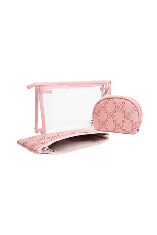 Transparent & Floral Pattern Travel Pouch Set w/ Zipper Closure