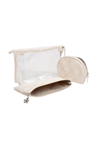 Transparent & Floral Pattern Travel Pouch Set w/ Zipper Closure