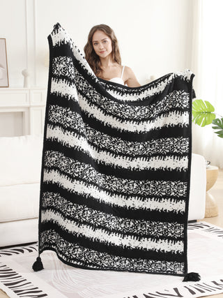Brushed Striped Pattern Luxury Soft Throw Blanket w/ Tassels