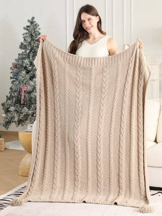 Solid Color Braided Cable Knit Luxury Soft Throw Blanket w/ Tassels
