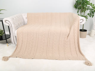 Solid Color Braided Cable Knit Luxury Soft Throw Blanket w/ Tassels