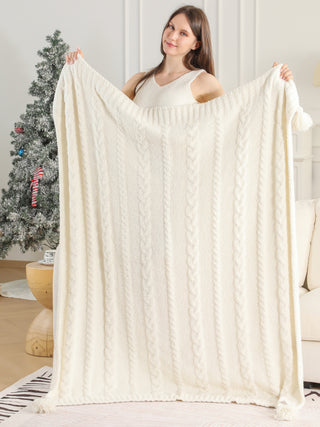 Solid Color Braided Cable Knit Luxury Soft Throw Blanket w/ Tassels