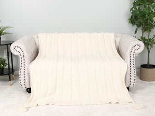 Solid Color Braided Cable Knit Luxury Soft Throw Blanket w/ Tassels