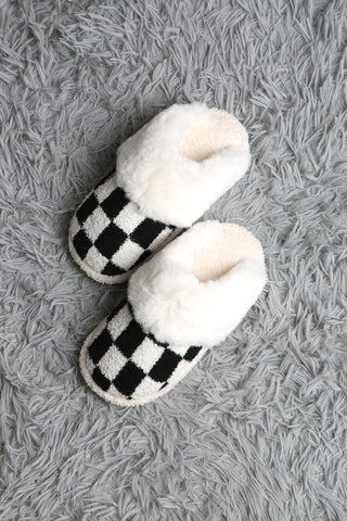 Checkered Faux Fur Luxury Soft Mule Slippers