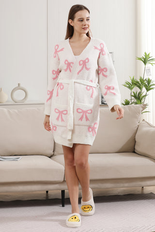 Ribbon Pattern Luxury Soft Robe W/ Front Pockets & Belt