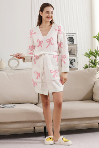 Ribbon Pattern Luxury Soft Robe W/ Front Pockets & Belt