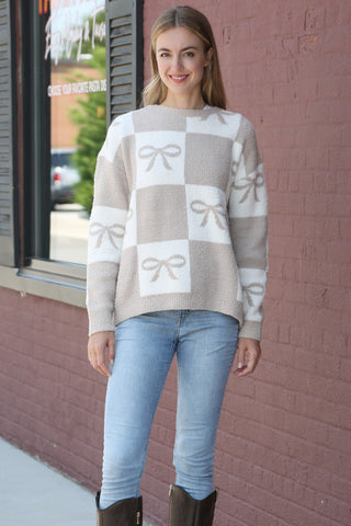 Ribbon & Checkered Pattern Luxury Soft Crew Neck Sweater
