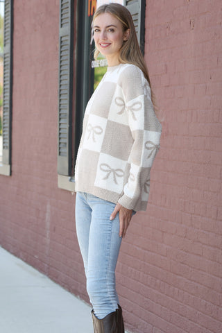 Ribbon & Checkered Pattern Luxury Soft Crew Neck Sweater