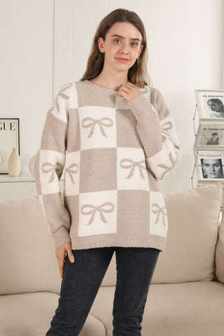 Ribbon & Checkered Pattern Luxury Soft Crew Neck Sweater