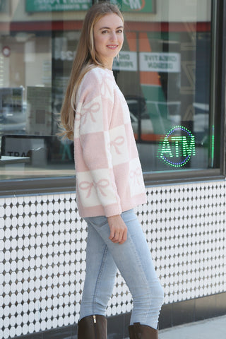 Ribbon & Checkered Pattern Luxury Soft Crew Neck Sweater