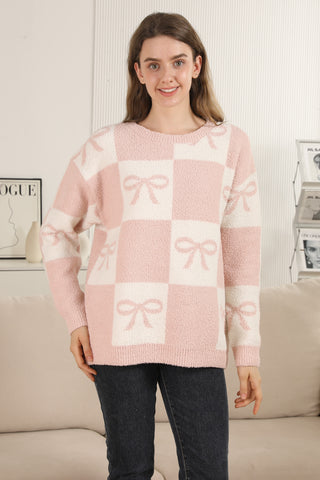 Ribbon & Checkered Pattern Luxury Soft Crew Neck Sweater