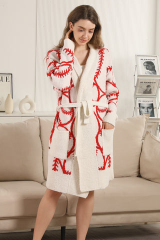 Baseball Pattern Luxury Soft Robe W/ Front Pockets & Belt