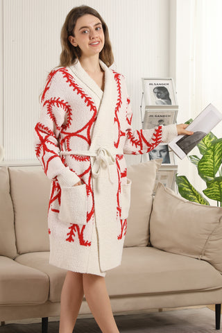 Baseball Pattern Luxury Soft Robe W/ Front Pockets & Belt