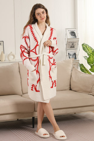 Baseball Pattern Luxury Soft Robe W/ Front Pockets & Belt