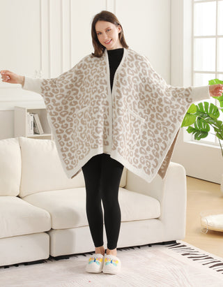 Leopard Pattern Luxury Soft Wearable Blanket Ruana W/ Front Pockets