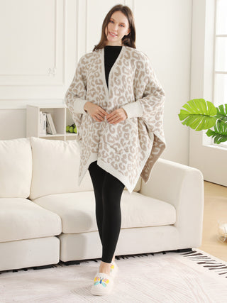 Leopard Pattern Luxury Soft Wearable Blanket Ruana W/ Front Pockets