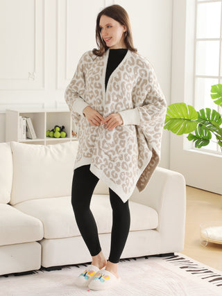 Leopard Pattern Luxury Soft Wearable Blanket Ruana W/ Front Pockets