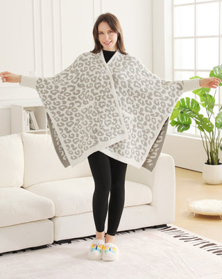 Leopard Pattern Luxury Soft Wearable Blanket Ruana W/ Front Pockets