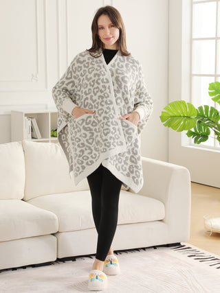 Leopard Pattern Luxury Soft Wearable Blanket Ruana W/ Front Pockets