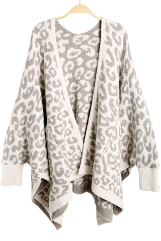 Leopard Pattern Luxury Soft Wearable Blanket Ruana W/ Front Pockets
