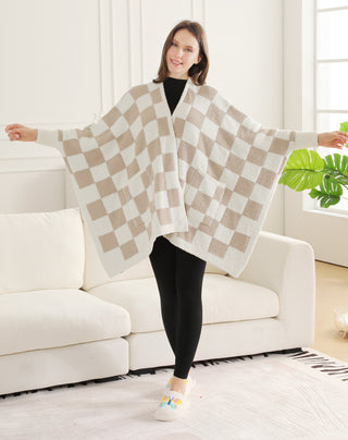 Checkered Pattern Luxury Soft Wearable Blanket Ruana W/ Front Pockets