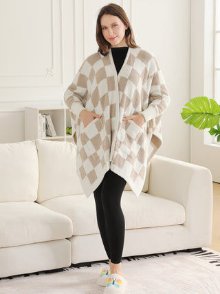 Checkered Pattern Luxury Soft Wearable Blanket Ruana W/ Front Pockets